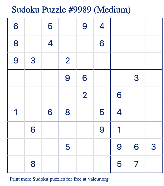 Free Printable Medium Sudoku Puzzle number 9989