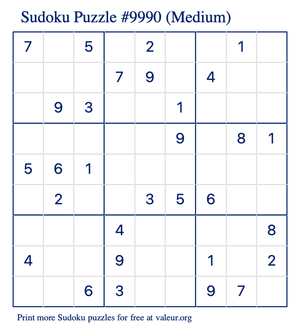 Free Printable Medium Sudoku Puzzle number 9990