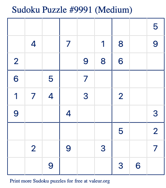 Free Printable Medium Sudoku Puzzle number 9991