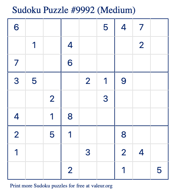 Free Printable Medium Sudoku Puzzle number 9992