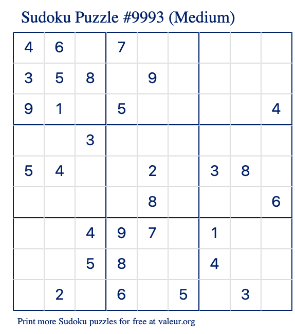 Free Printable Medium Sudoku Puzzle number 9993
