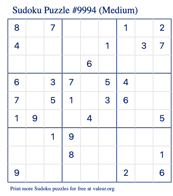 Free Printable Medium Sudoku Puzzle number 9994