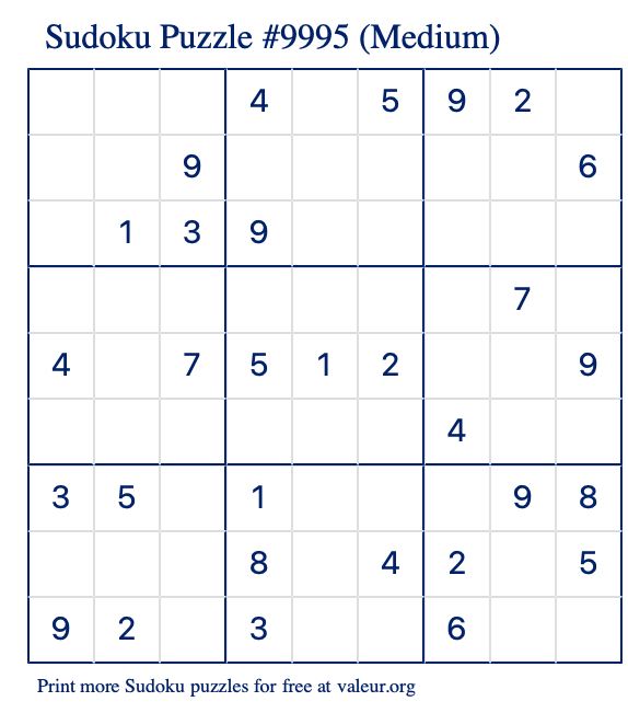 Free Printable Medium Sudoku Puzzle number 9995