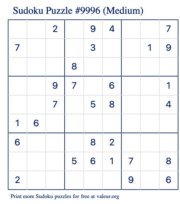 Free Printable Medium Sudoku Puzzle number 9996