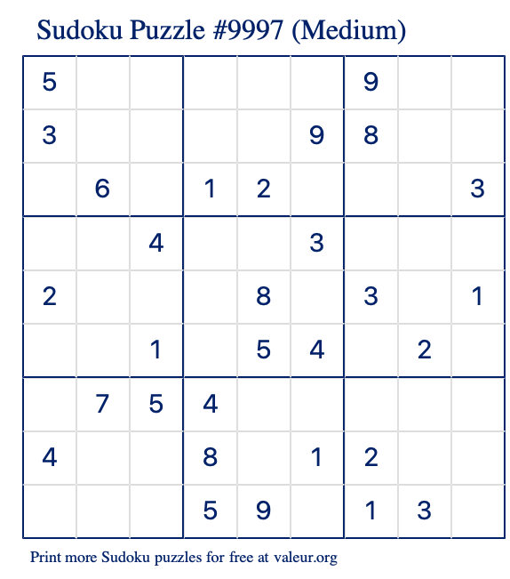 Free Printable Medium Sudoku Puzzle number 9997