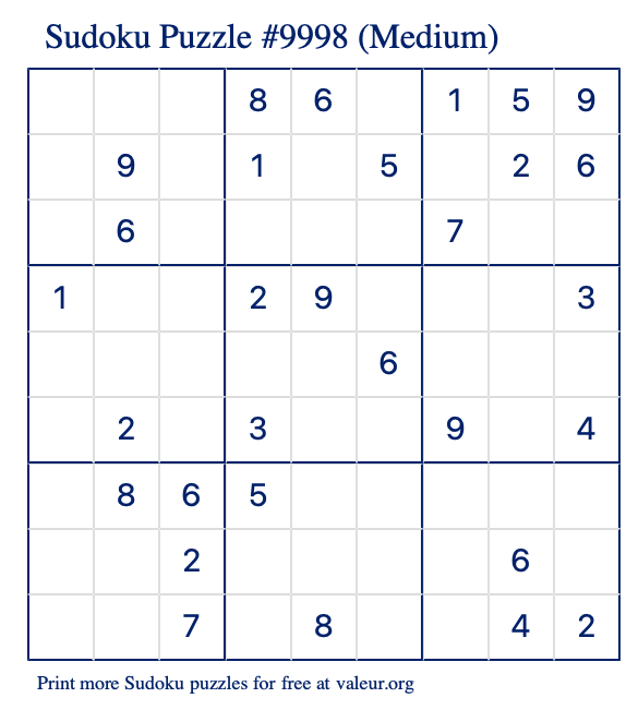 Free Printable Medium Sudoku Puzzle number 9998